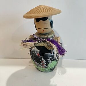 Kokeshi with a hat and a Daruma drawing- Japanese Wooden Doll,4.5”
